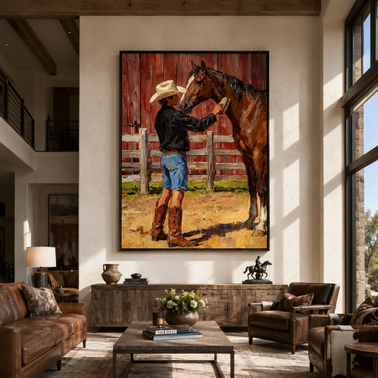 Cowboy Greets Barn Chestnut - cowboy and horse painting by Marcus Lau, retro modern vertical wall art – styled room scene view 4
