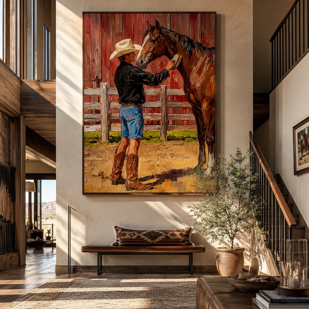 Cowboy Greets Barn Chestnut - cowboy and horse painting by Marcus Lau, retro modern vertical wall art – styled room scene view 5