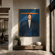 Orange Bar Crowns Navy - geometric navy suit portrait by Marcus Lau, retro modern vertical wall art – styled room scene view 1