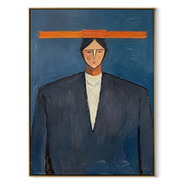 Orange Bar Crowns Navy - geometric navy suit portrait by Marcus Lau, retro modern vertical wall art – wood frame on white background
