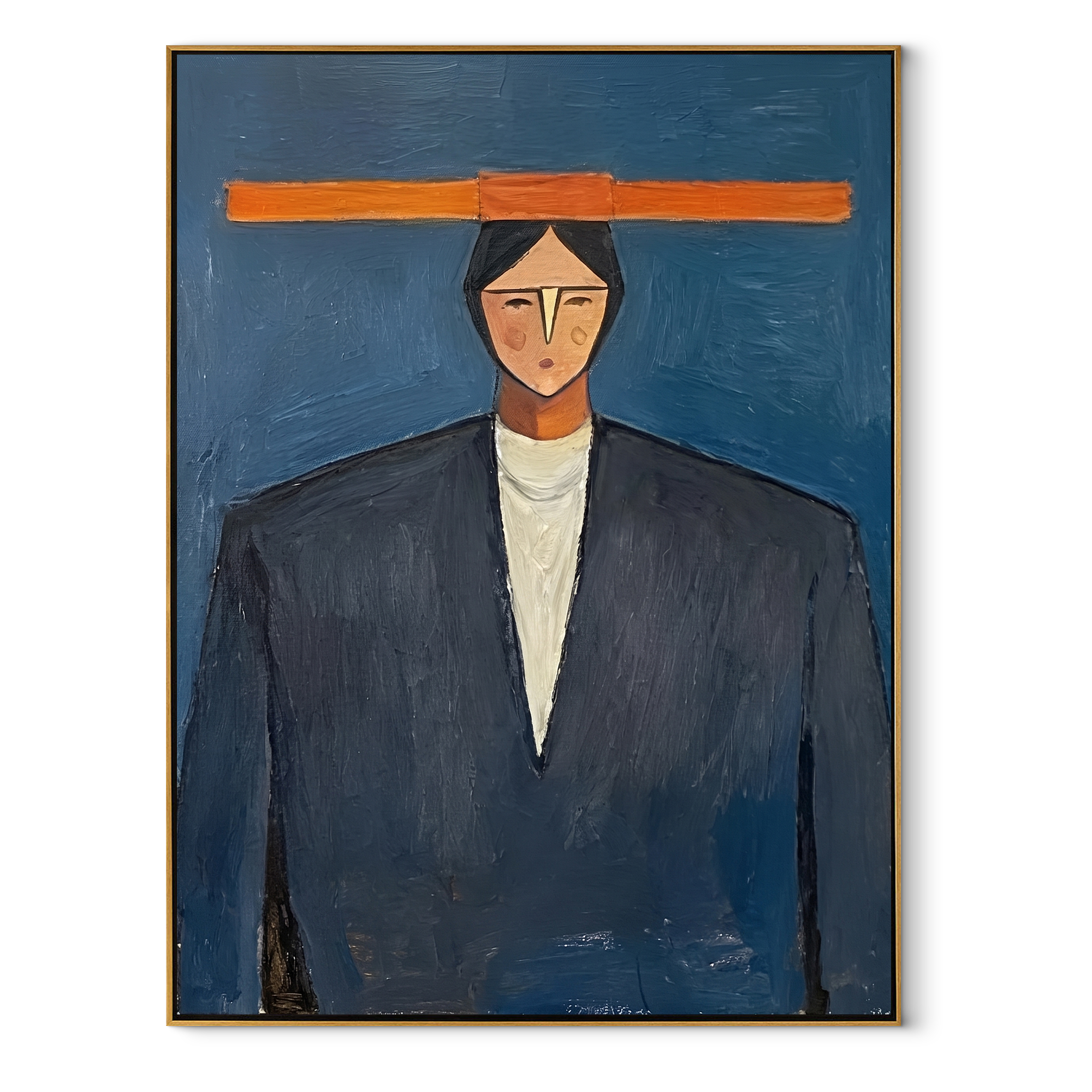 Orange Bar Crowns Navy - geometric navy suit portrait by Marcus Lau, retro modern vertical wall art – wood frame on white background