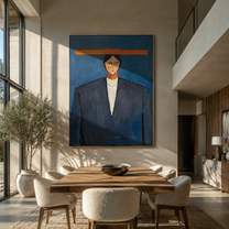 Orange Bar Crowns Navy - geometric navy suit portrait by Marcus Lau, retro modern vertical wall art – styled room scene view 2