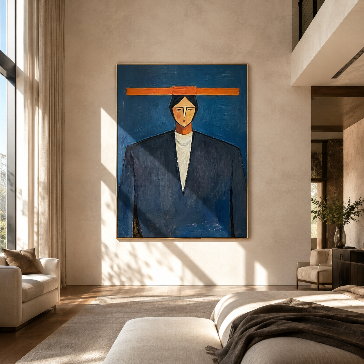 Orange Bar Crowns Navy - geometric navy suit portrait by Marcus Lau, retro modern vertical wall art – styled room scene view 3