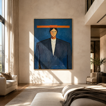 Orange Bar Crowns Navy - geometric navy suit portrait by Marcus Lau, retro modern vertical wall art – styled room scene view 3