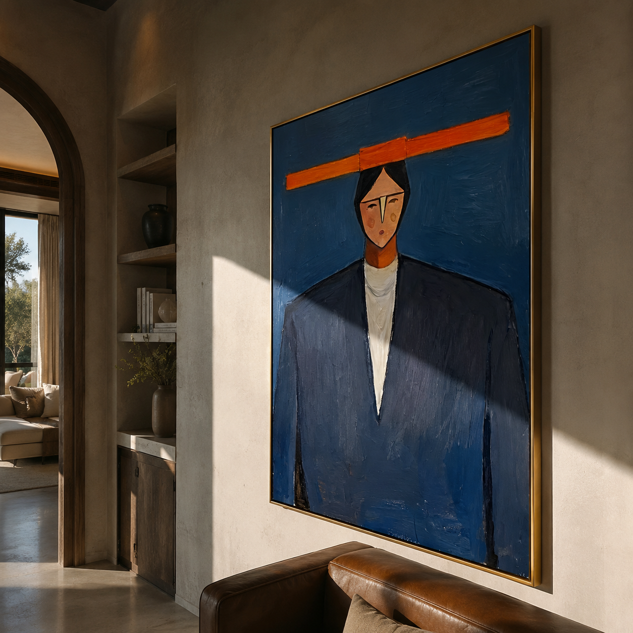 Orange Bar Crowns Navy - geometric navy suit portrait by Marcus Lau, retro modern vertical wall art – styled room scene view 4