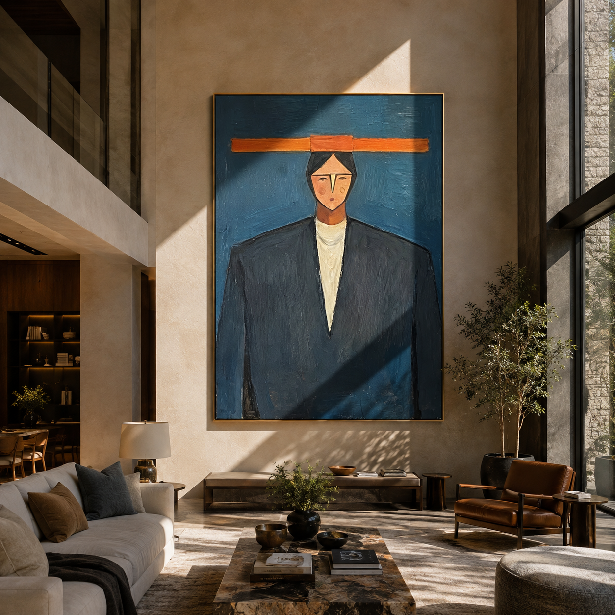 Orange Bar Crowns Navy - geometric navy suit portrait by Marcus Lau, retro modern vertical wall art – styled room scene view 5