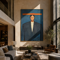 Orange Bar Crowns Navy - geometric navy suit portrait by Marcus Lau, retro modern vertical wall art – styled room scene view 5