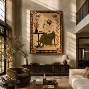 Garden Tea Waits Quietly - woman drinking tea painting by Marcus Lau, retro modern vertical wall art – styled room scene view 1
