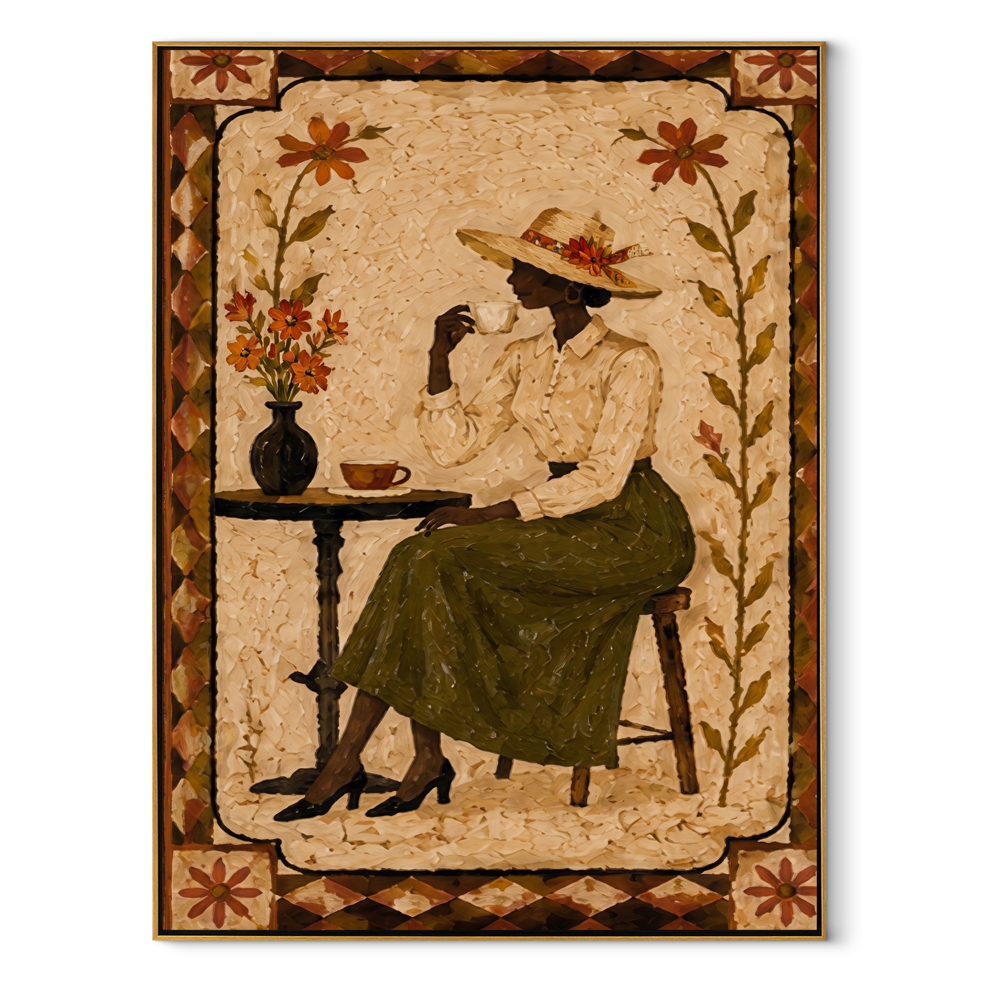 Garden Tea Waits Quietly - woman drinking tea painting by Marcus Lau, retro modern vertical wall art – wood frame on white background