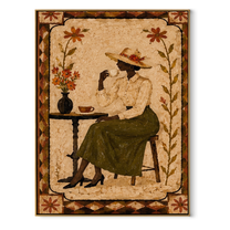 Garden Tea Waits Quietly - woman drinking tea painting by Marcus Lau, retro modern vertical wall art – wood frame on white background