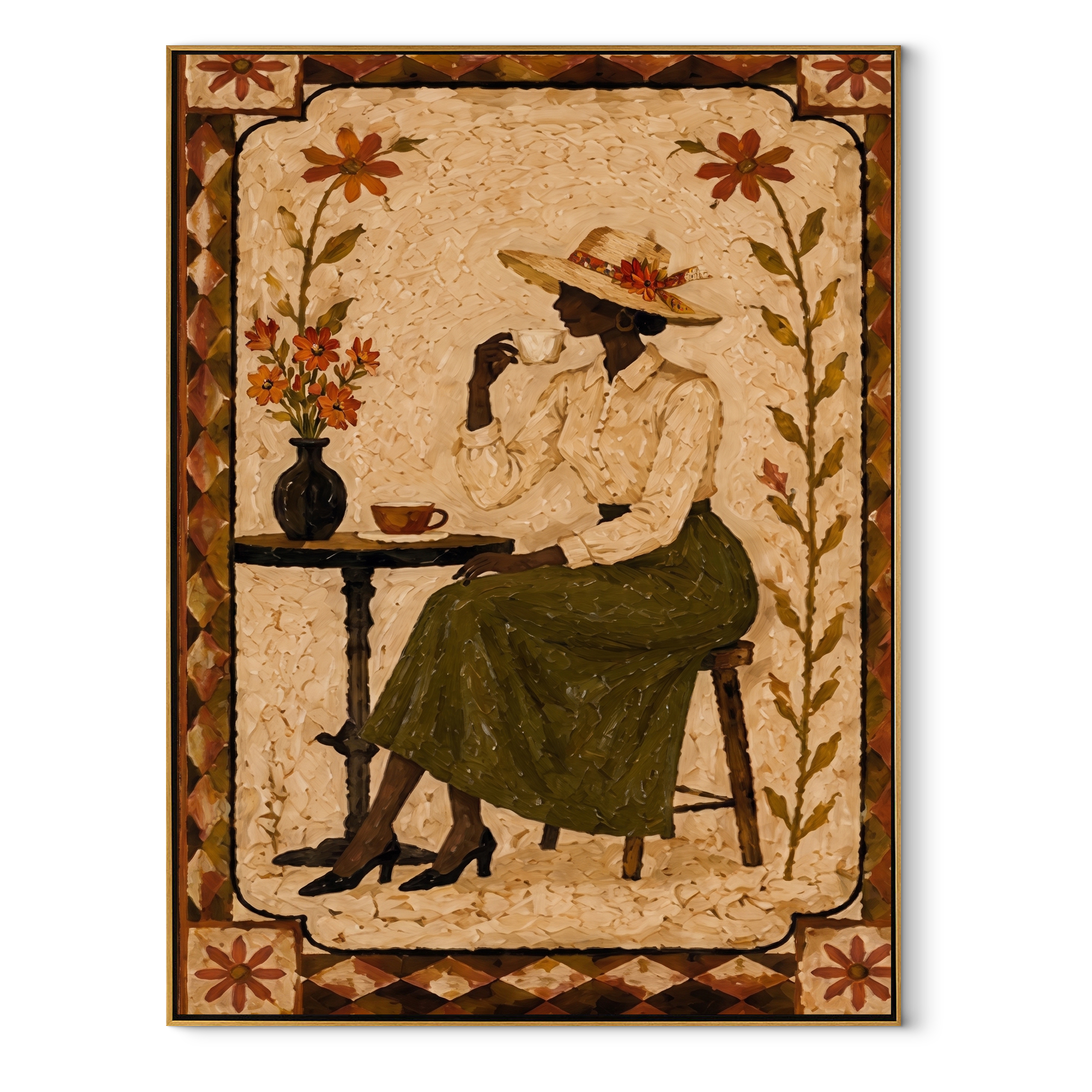 Garden Tea Waits Quietly - woman drinking tea painting by Marcus Lau, retro modern vertical wall art – wood frame on white background