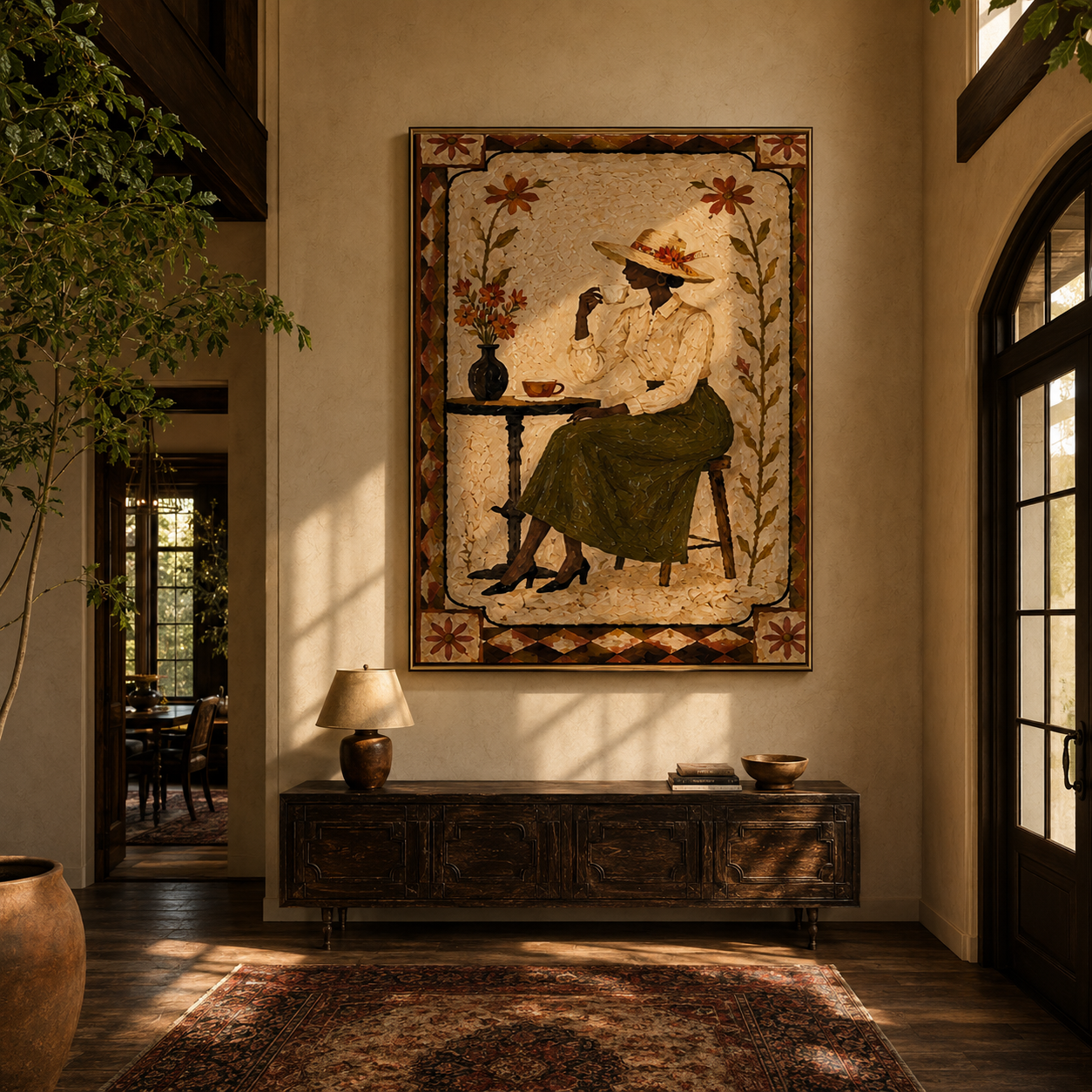 Garden Tea Waits Quietly - woman drinking tea painting by Marcus Lau, retro modern vertical wall art – styled room scene view 2