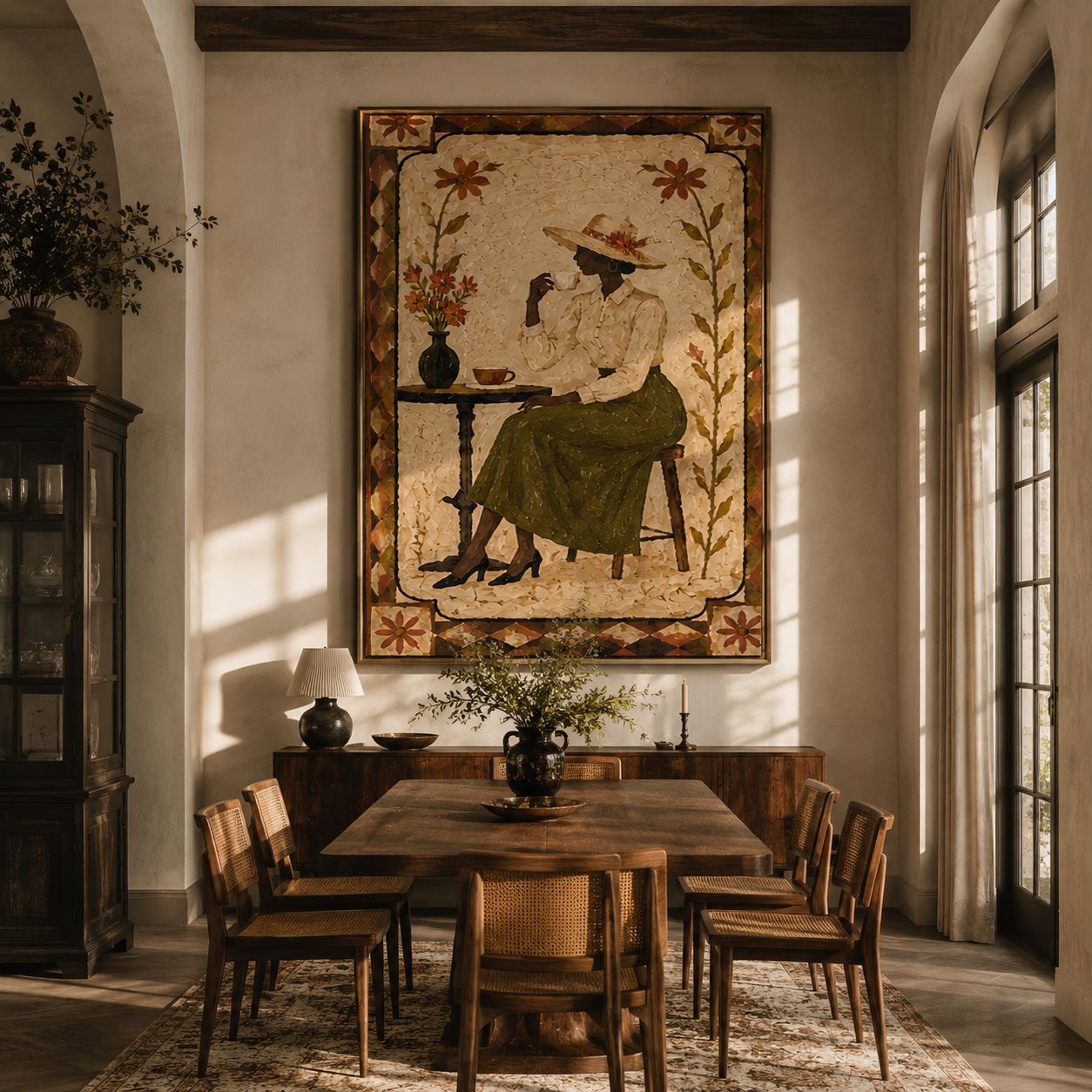 Garden Tea Waits Quietly - woman drinking tea painting by Marcus Lau, retro modern vertical wall art – styled room scene view 3