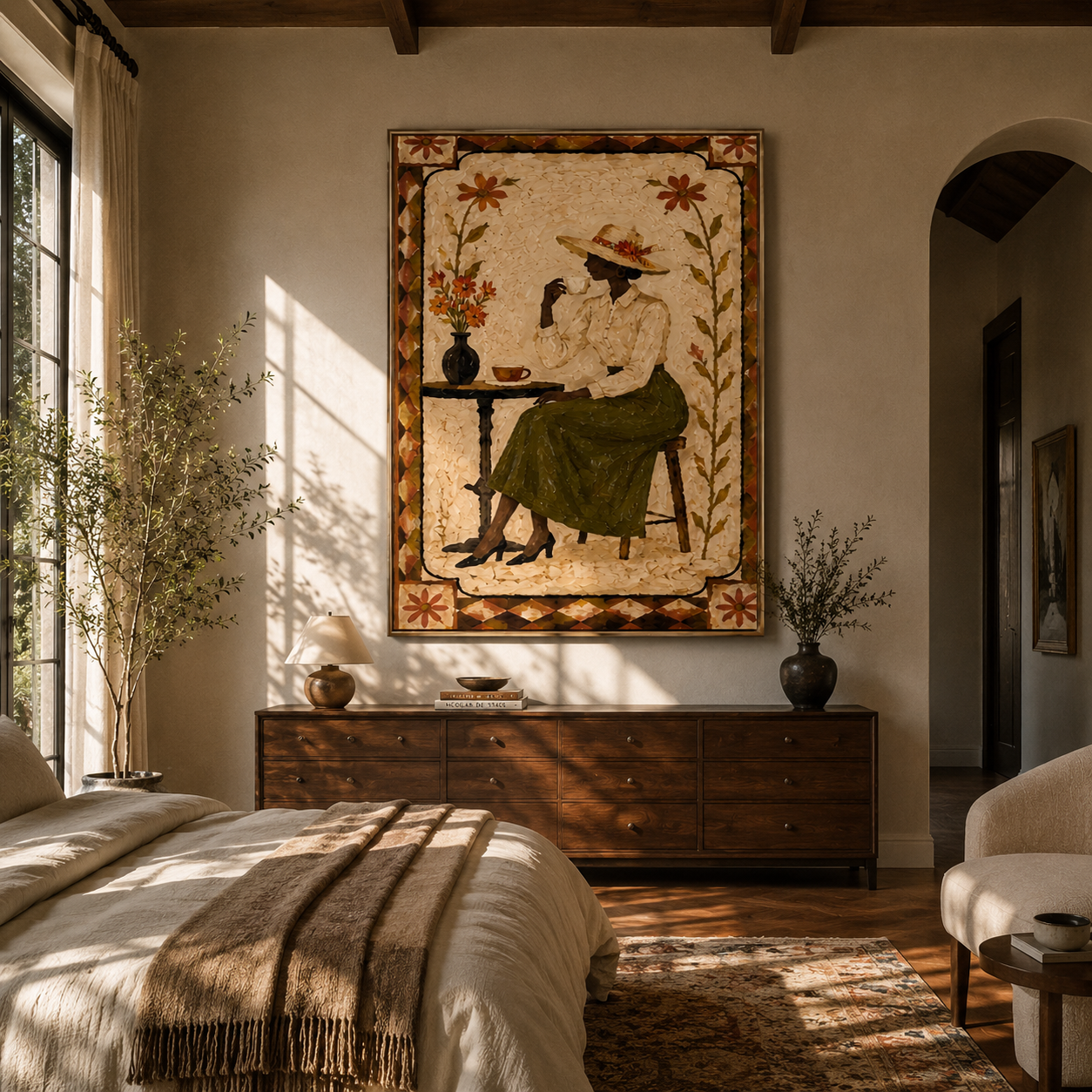 Garden Tea Waits Quietly - woman drinking tea painting by Marcus Lau, retro modern vertical wall art – styled room scene view 4