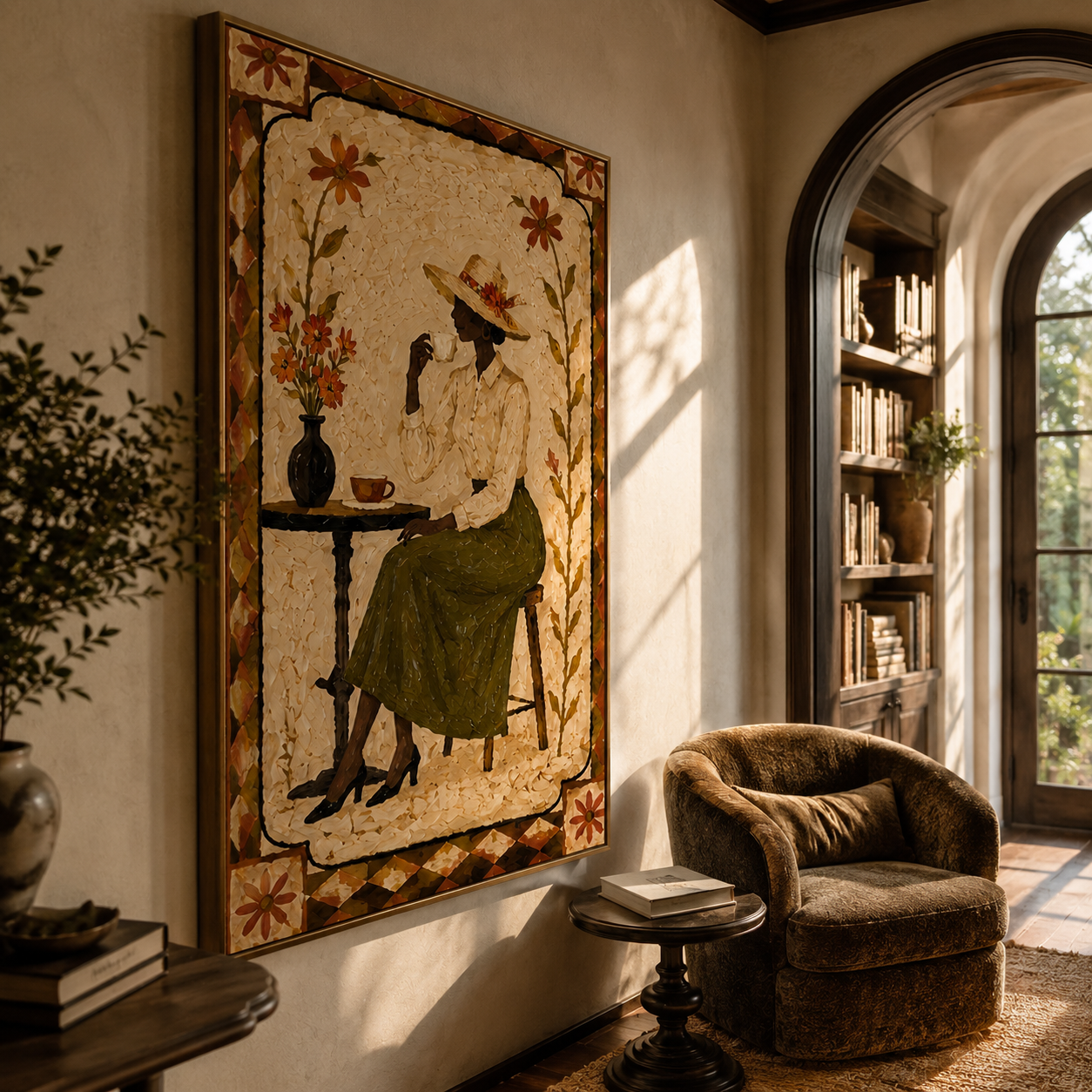 Garden Tea Waits Quietly - woman drinking tea painting by Marcus Lau, retro modern vertical wall art – styled room scene view 5