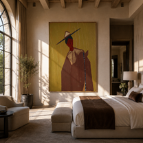 Blue Brim Cuts Olive - red face hat portrait by Marcus Lau, retro modern vertical wall art – styled room scene view 1
