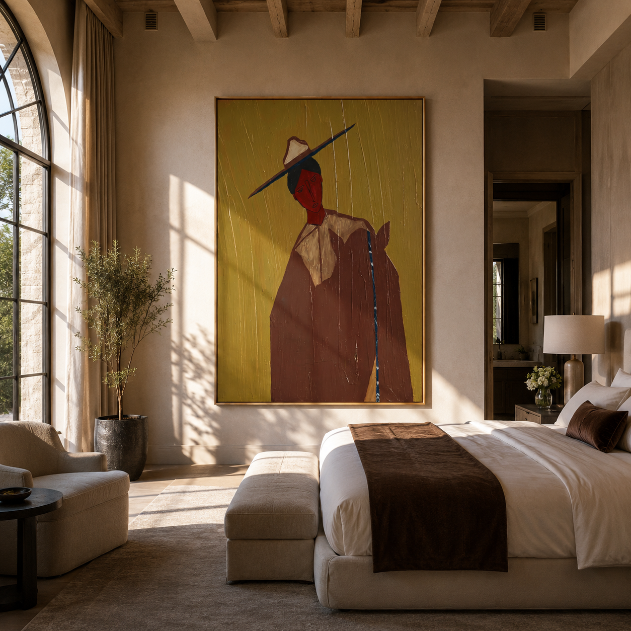 Blue Brim Cuts Olive - red face hat portrait by Marcus Lau, retro modern vertical wall art – styled room scene view 1