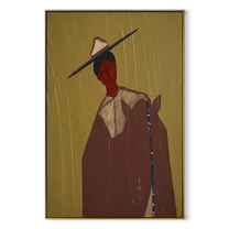 Blue Brim Cuts Olive - red face hat portrait by Marcus Lau, retro modern vertical wall art – wood frame on white background