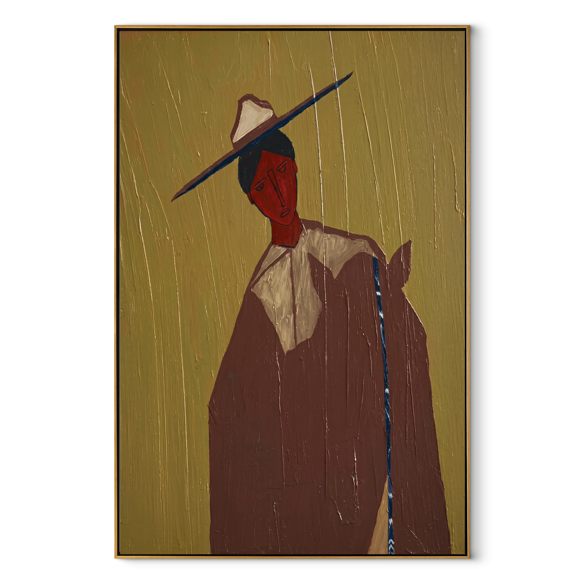 Blue Brim Cuts Olive - red face hat portrait by Marcus Lau, retro modern vertical wall art – wood frame on white background