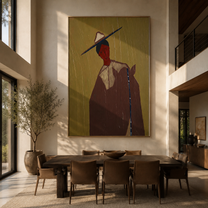 Blue Brim Cuts Olive - red face hat portrait by Marcus Lau, retro modern vertical wall art – styled room scene view 2