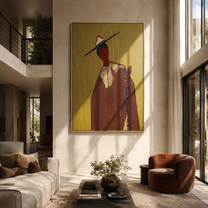 Blue Brim Cuts Olive - red face hat portrait by Marcus Lau, retro modern vertical wall art – styled room scene view 3