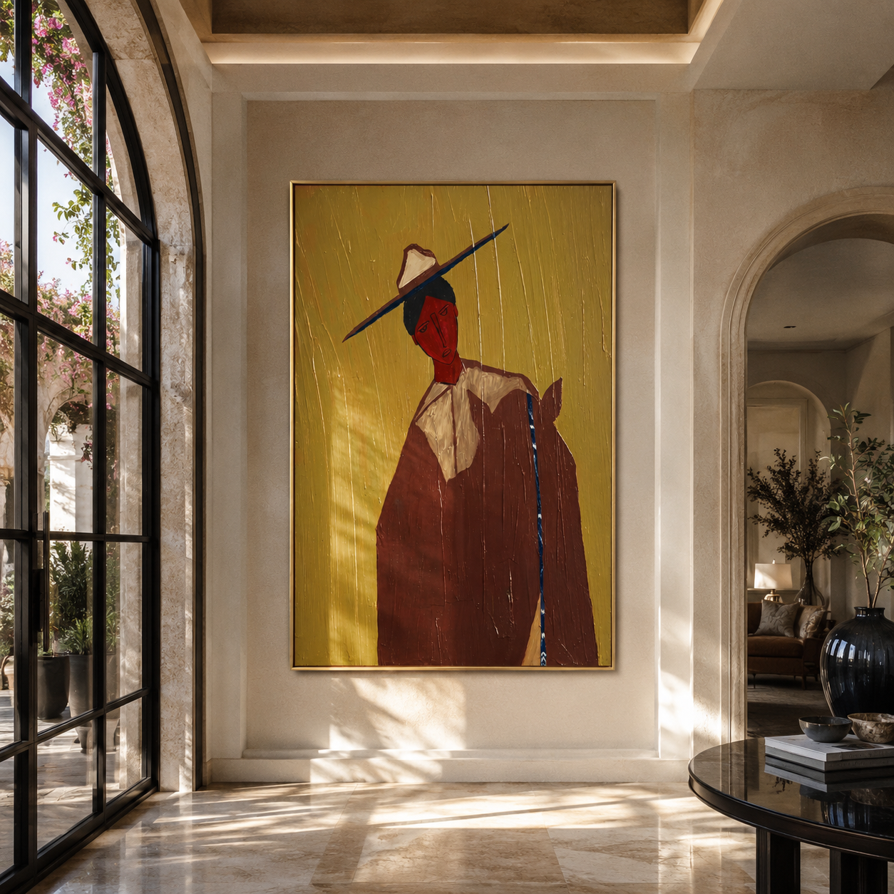 Blue Brim Cuts Olive - red face hat portrait by Marcus Lau, retro modern vertical wall art – styled room scene view 4