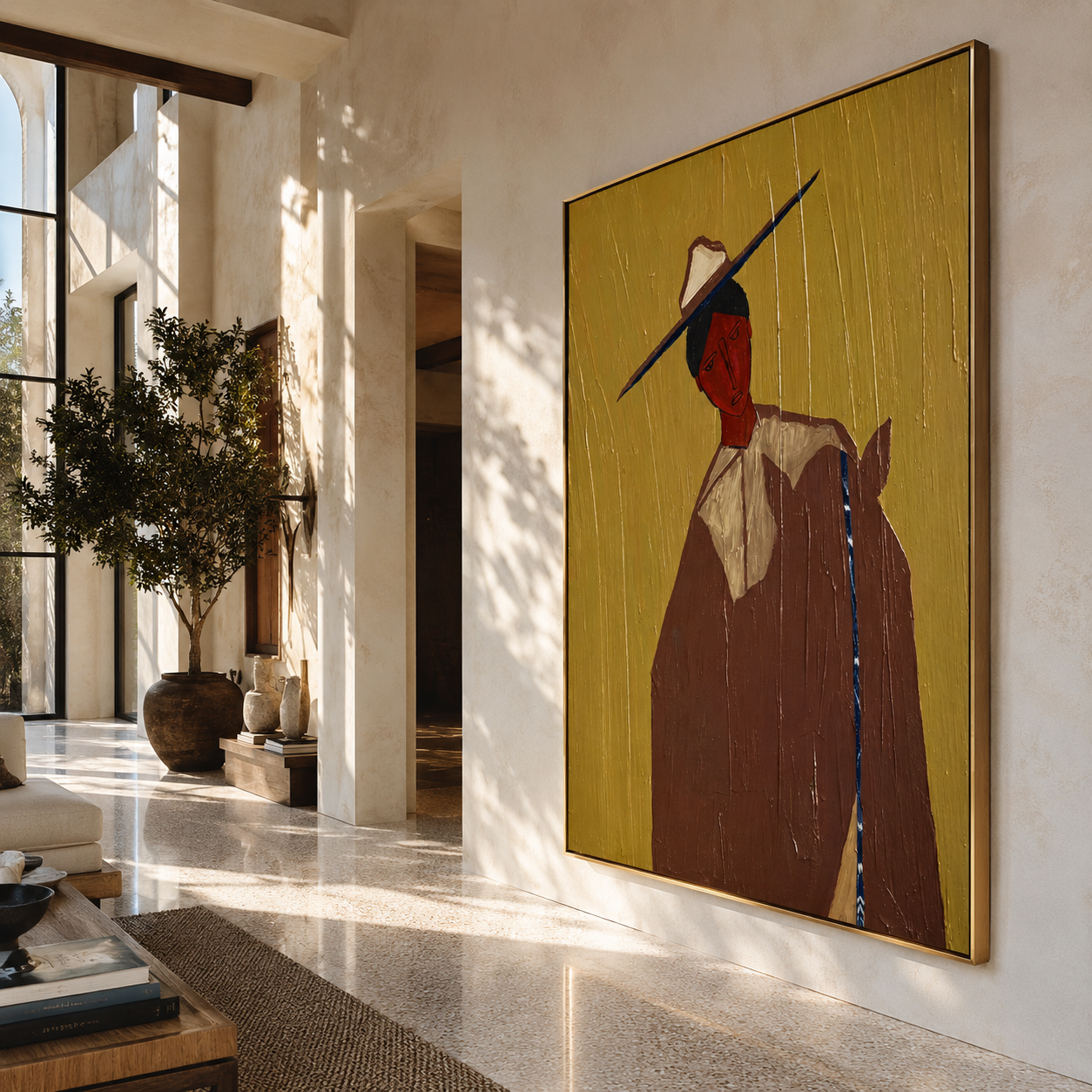 Blue Brim Cuts Olive - red face hat portrait by Marcus Lau, retro modern vertical wall art – styled room scene view 5