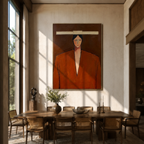 Ivory Bar Meets Rust - geometric rust suit portrait by Marcus Lau, retro modern vertical wall art – styled room scene view 1