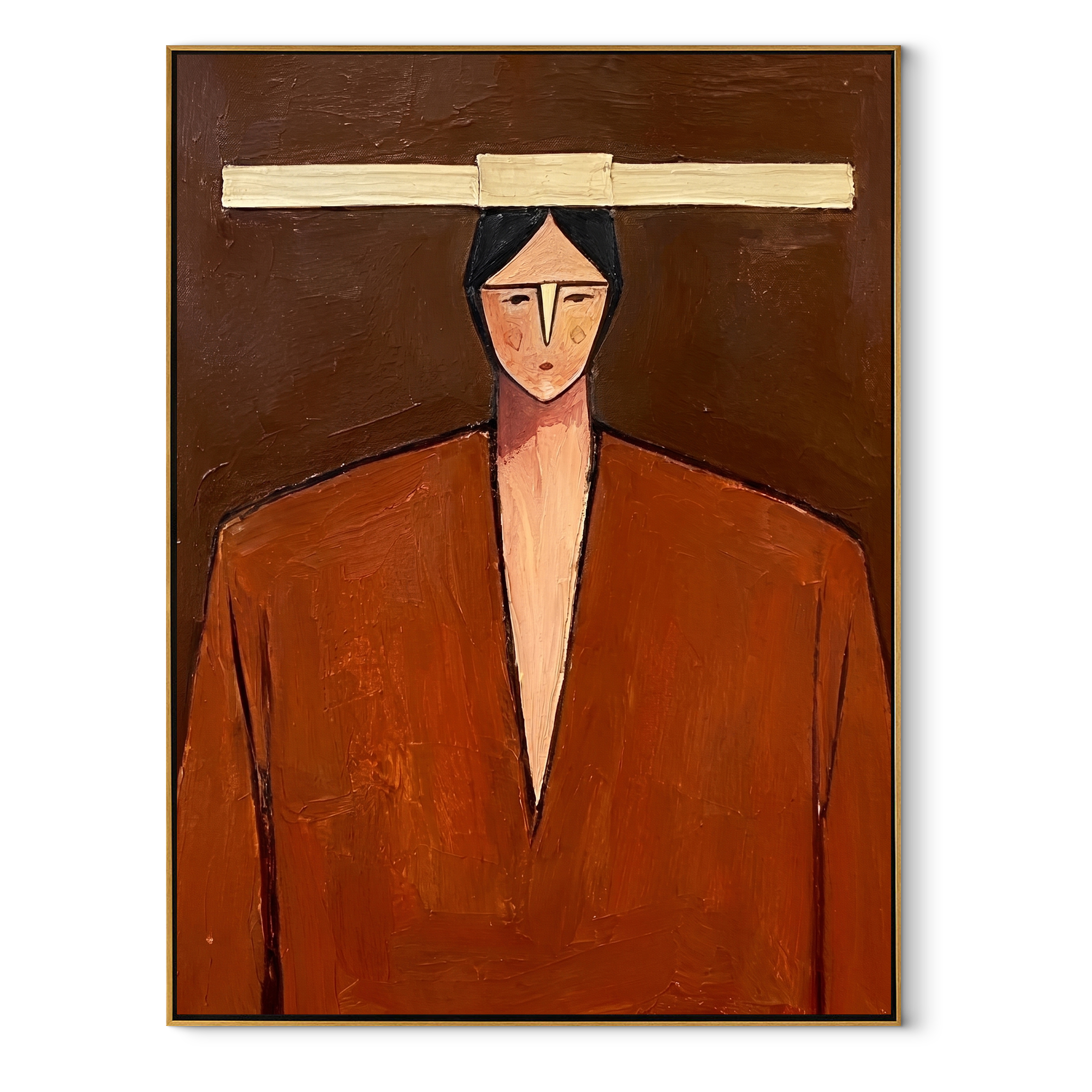 Ivory Bar Meets Rust - geometric rust suit portrait by Marcus Lau, retro modern vertical wall art – wood frame on white background