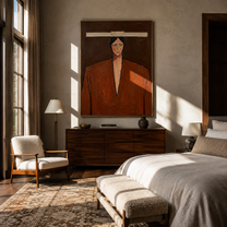 Ivory Bar Meets Rust - geometric rust suit portrait by Marcus Lau, retro modern vertical wall art – styled room scene view 2