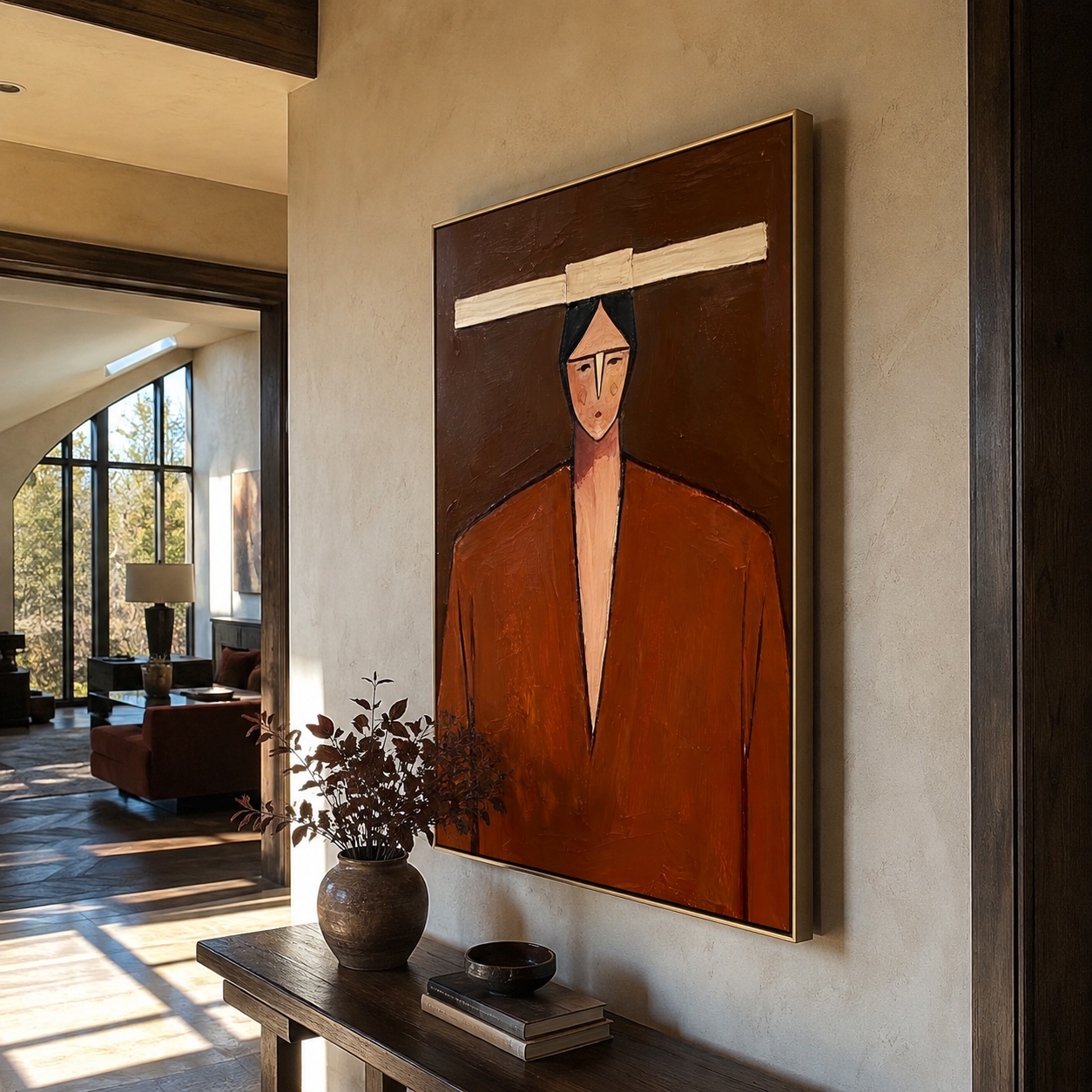 Ivory Bar Meets Rust - geometric rust suit portrait by Marcus Lau, retro modern vertical wall art – styled room scene view 3