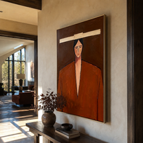 Ivory Bar Meets Rust - geometric rust suit portrait by Marcus Lau, retro modern vertical wall art – styled room scene view 3