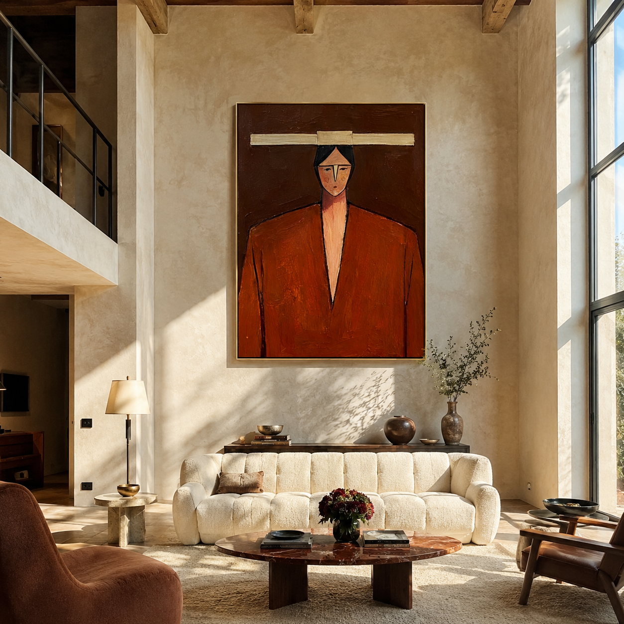 Ivory Bar Meets Rust - geometric rust suit portrait by Marcus Lau, retro modern vertical wall art – styled room scene view 4