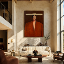 Ivory Bar Meets Rust - geometric rust suit portrait by Marcus Lau, retro modern vertical wall art – styled room scene view 4