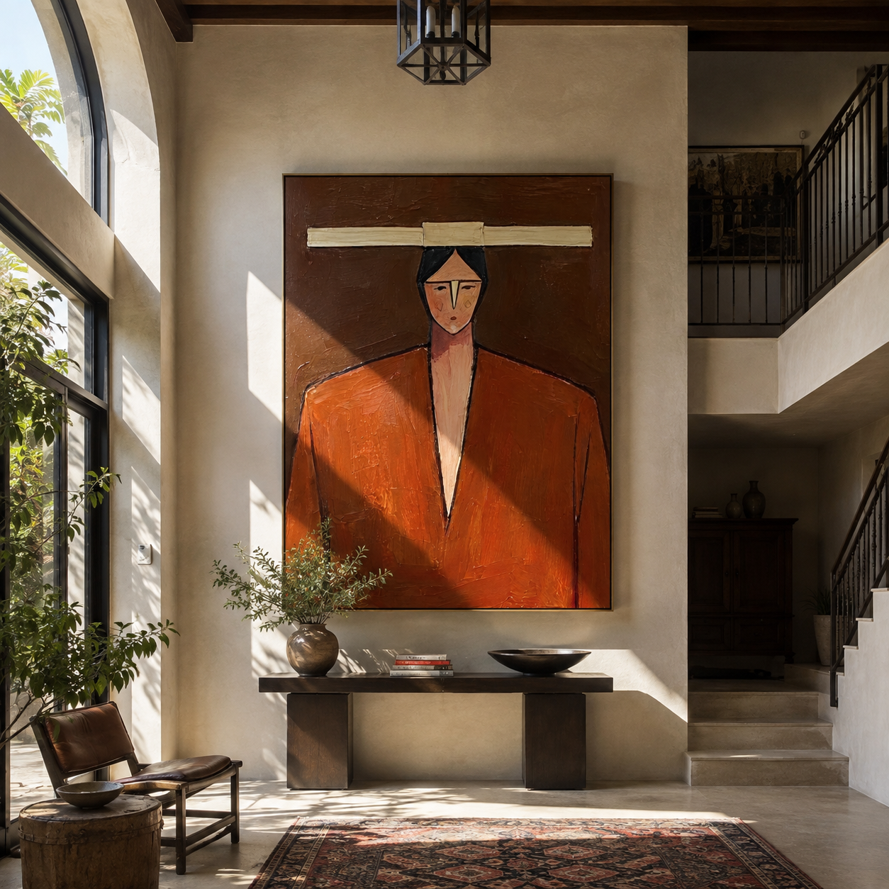 Ivory Bar Meets Rust - geometric rust suit portrait by Marcus Lau, retro modern vertical wall art – styled room scene view 5
