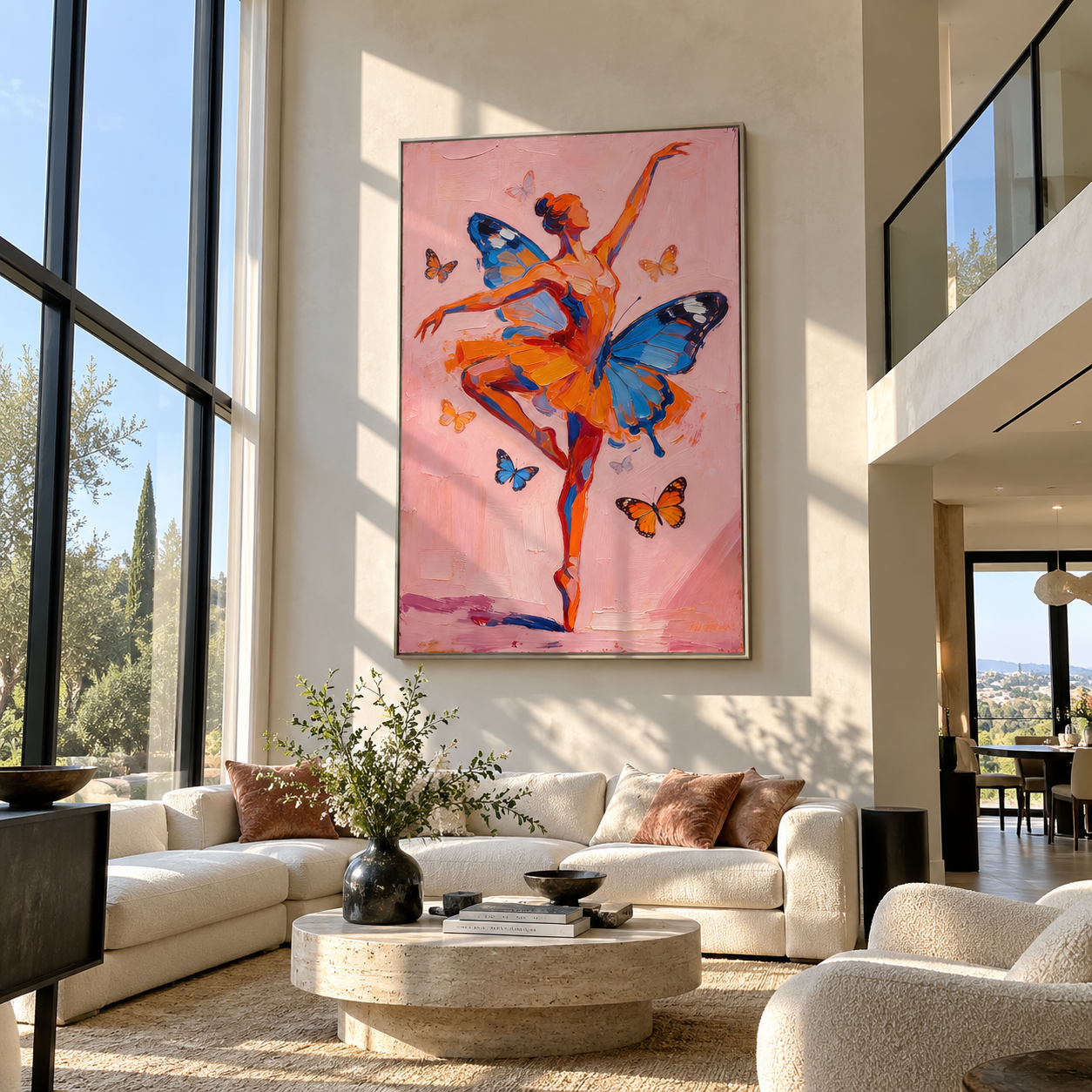 Butterflies Lift Coral Dancer - butterfly ballerina painting by Marcus Lau, retro modern vertical wall art – styled room scene view 1