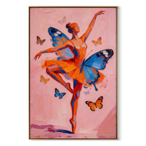Butterflies Lift Coral Dancer - butterfly ballerina painting by Marcus Lau, retro modern vertical wall art – wood frame on white background