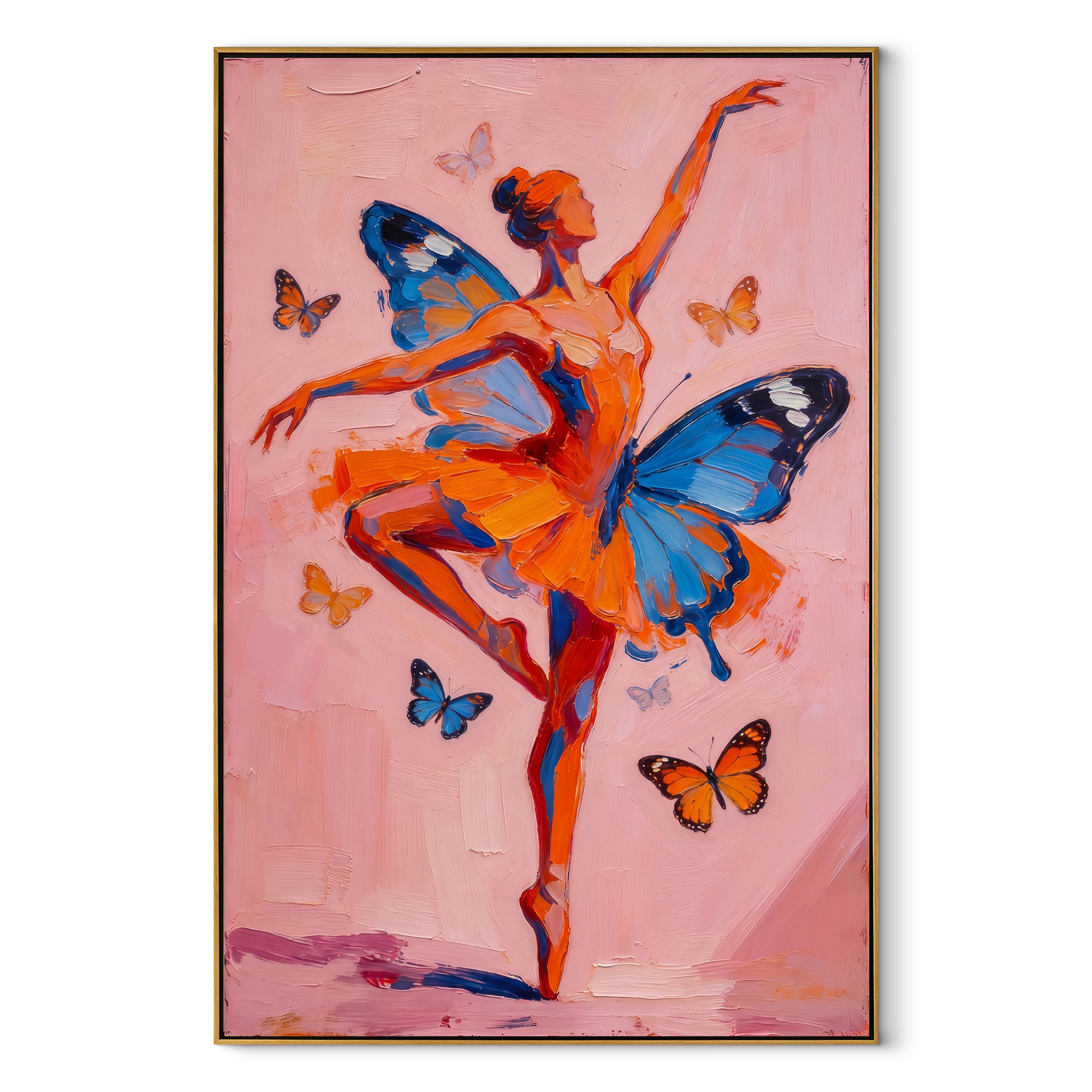 Butterflies Lift Coral Dancer - butterfly ballerina painting by Marcus Lau, retro modern vertical wall art – wood frame on white background
