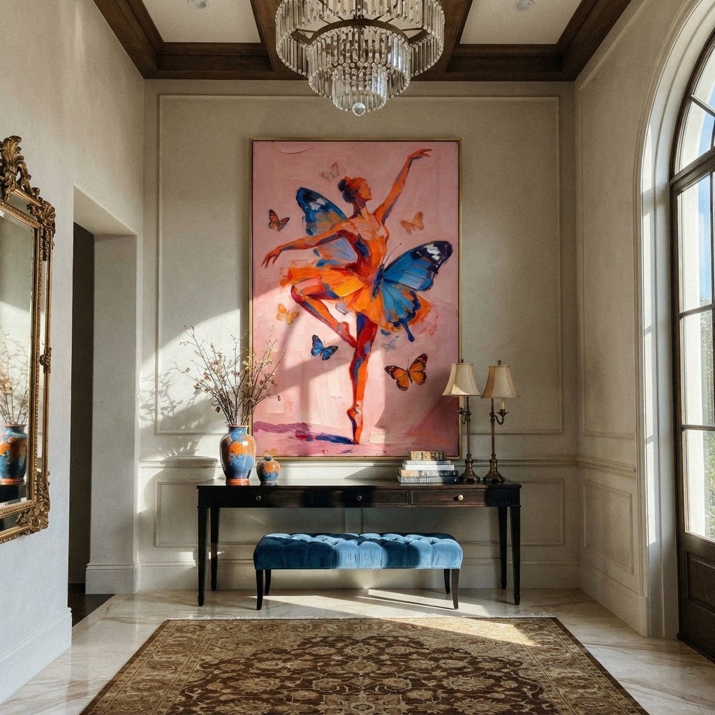 Butterflies Lift Coral Dancer - butterfly ballerina painting by Marcus Lau, retro modern vertical wall art – styled room scene view 2