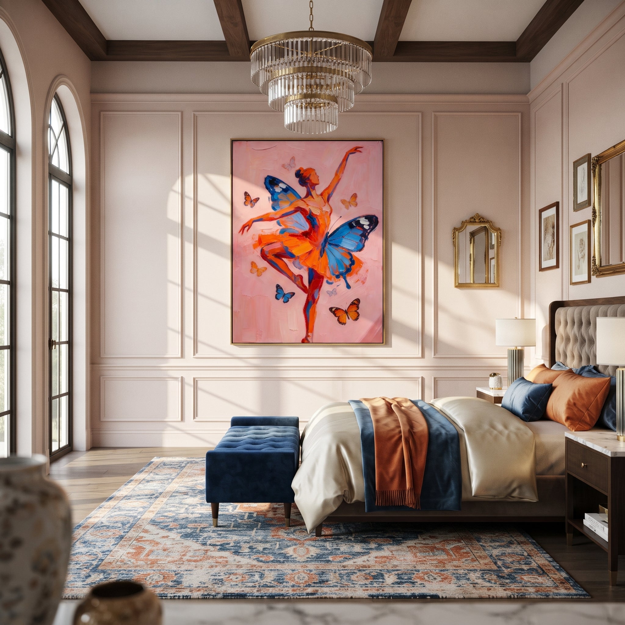Butterflies Lift Coral Dancer - butterfly ballerina painting by Marcus Lau, retro modern vertical wall art – styled room scene view 3