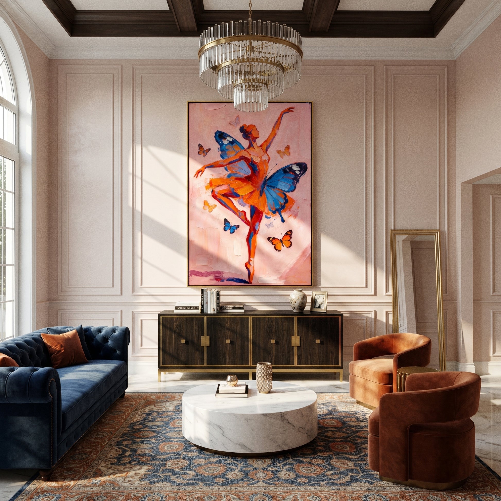 Butterflies Lift Coral Dancer - butterfly ballerina painting by Marcus Lau, retro modern vertical wall art – styled room scene view 4