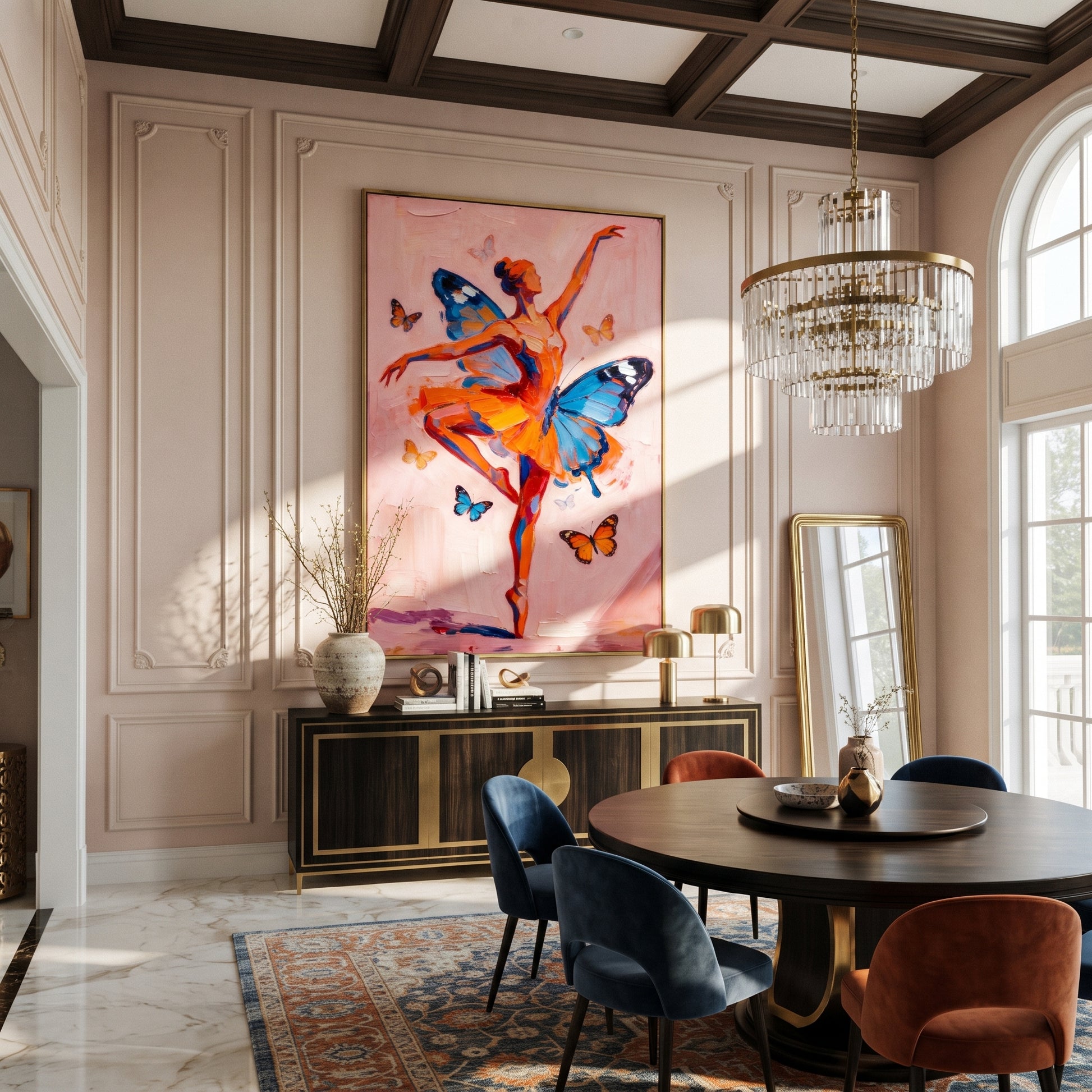 Butterflies Lift Coral Dancer - butterfly ballerina painting by Marcus Lau, retro modern vertical wall art – styled room scene view 5
