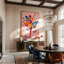 Butterflies Lift Coral Dancer - butterfly ballerina painting by Marcus Lau, retro modern vertical wall art – styled room scene view 5