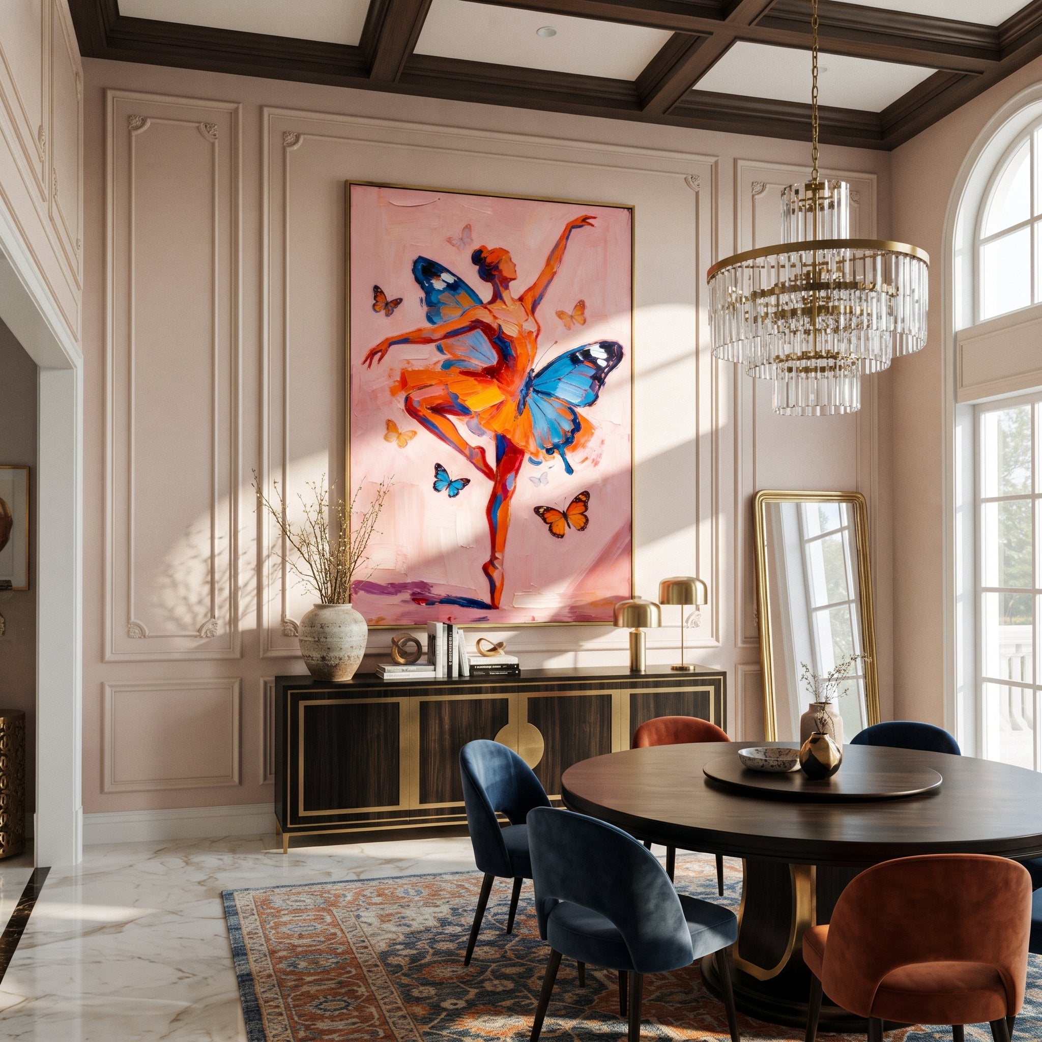 Butterflies Lift Coral Dancer - butterfly ballerina painting by Marcus Lau, retro modern vertical wall art – styled room scene view 5