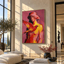 Scarlet Wings Guard Rose - woman and bird portrait by Marcus Lau, retro modern vertical wall art – styled room scene view 1