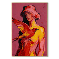 Scarlet Wings Guard Rose - woman and bird portrait by Marcus Lau, retro modern vertical wall art – wood frame on white background