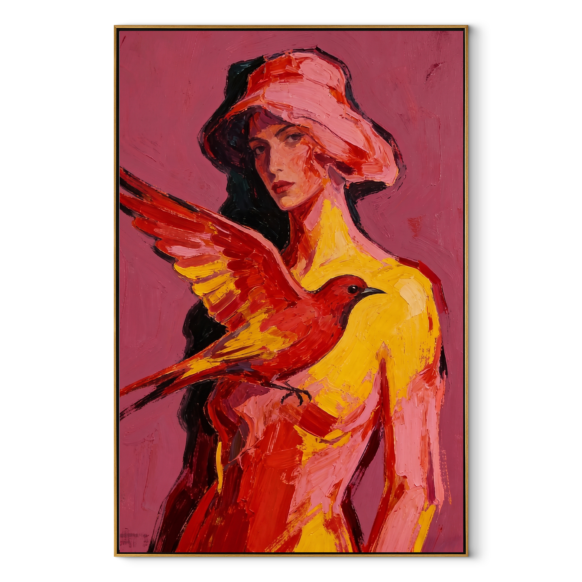 Scarlet Wings Guard Rose - woman and bird portrait by Marcus Lau, retro modern vertical wall art – wood frame on white background