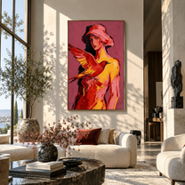 Scarlet Wings Guard Rose - woman and bird portrait by Marcus Lau, retro modern vertical wall art – styled room scene view 2