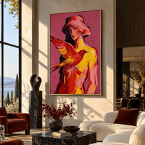 Scarlet Wings Guard Rose - woman and bird portrait by Marcus Lau, retro modern vertical wall art – styled room scene view 3