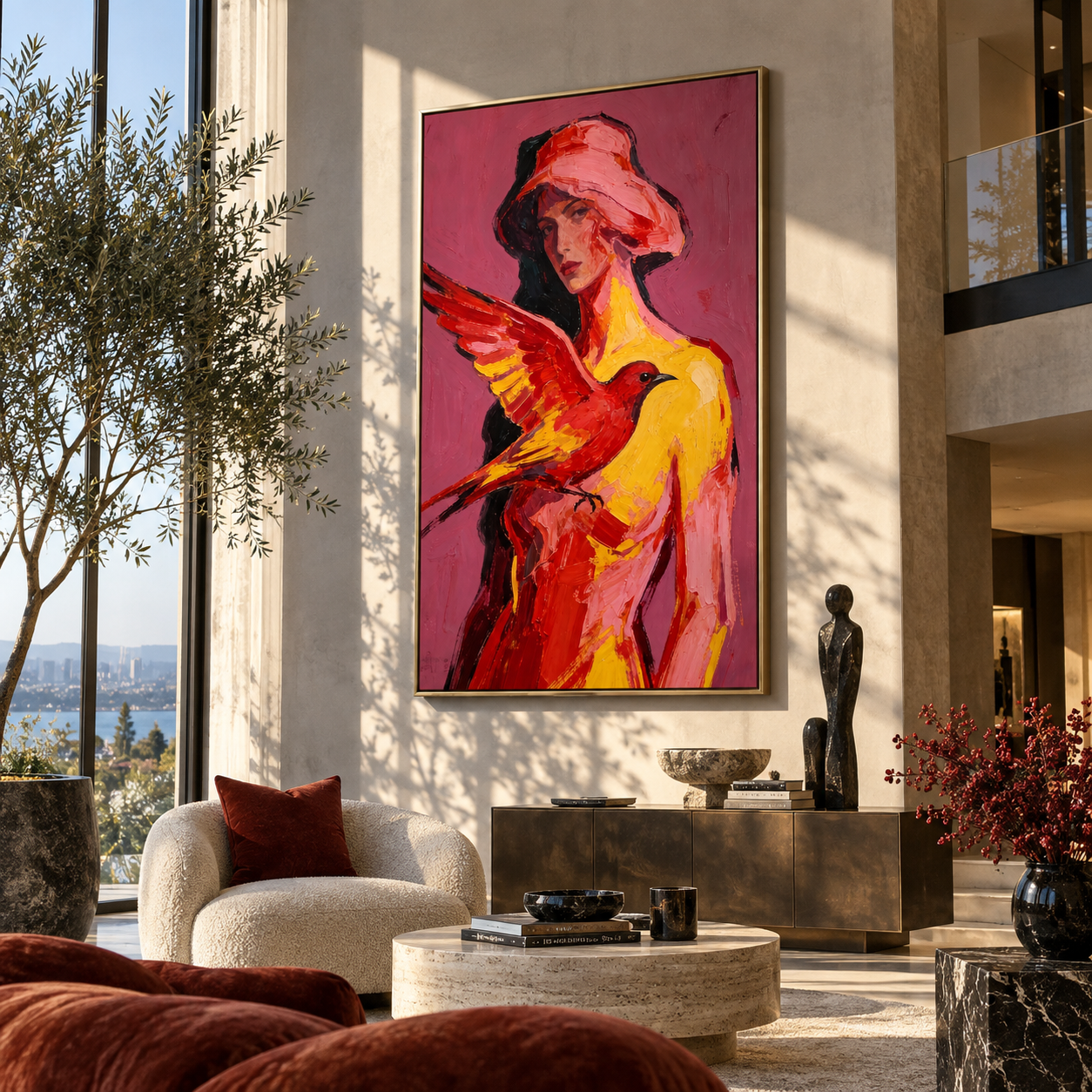 Scarlet Wings Guard Rose - woman and bird portrait by Marcus Lau, retro modern vertical wall art – styled room scene view 4